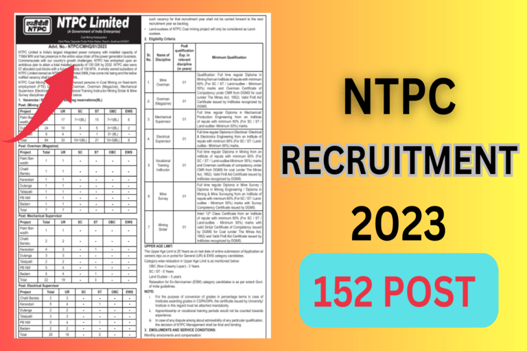 NTPC Recruitment 2023 For 152 Post Apply Online
