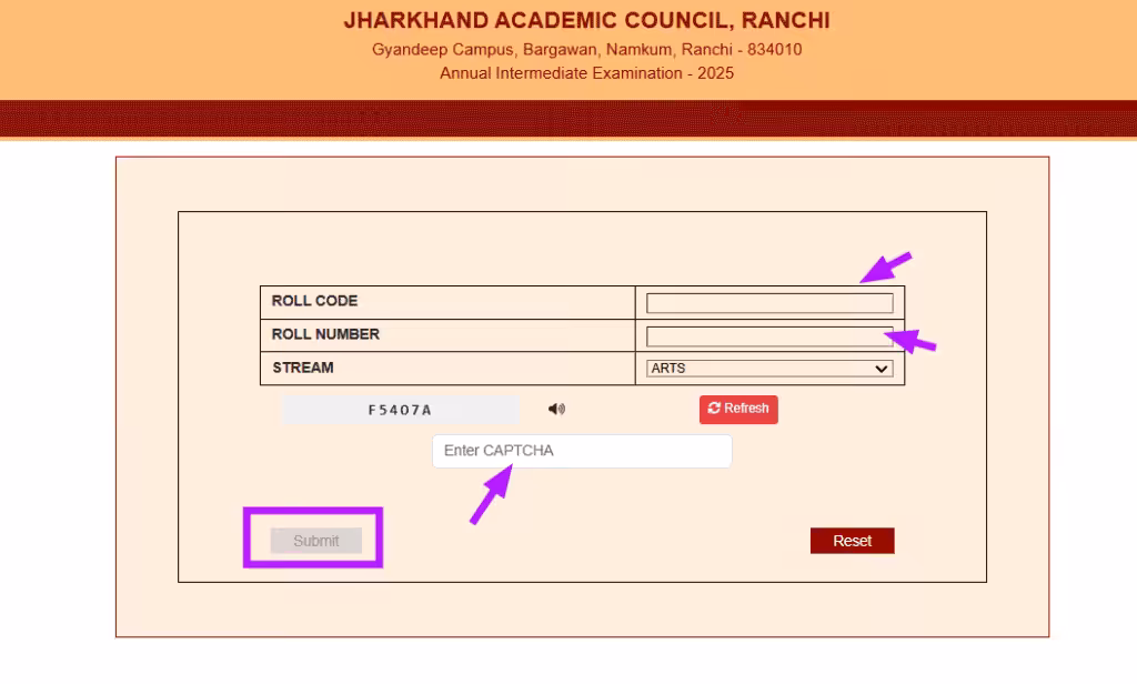 JAC 12th Arts Result Submit Button Page