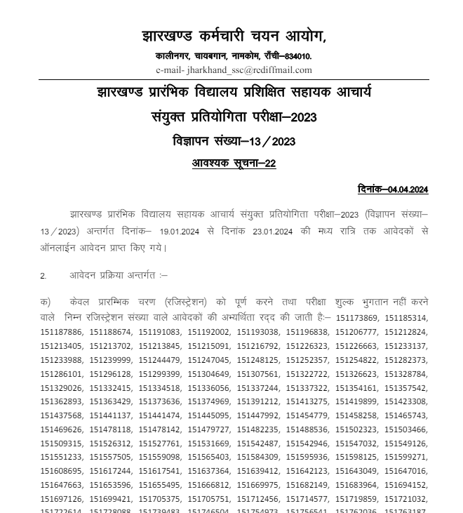 Jharkhand Elementary School Assistant Teacher Combined Competitive Examination 2023 Rejection List