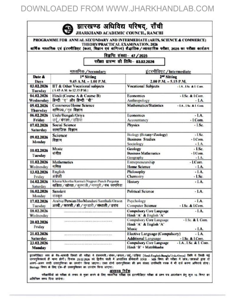 Jac 10Th 12Th Dateheet 2026